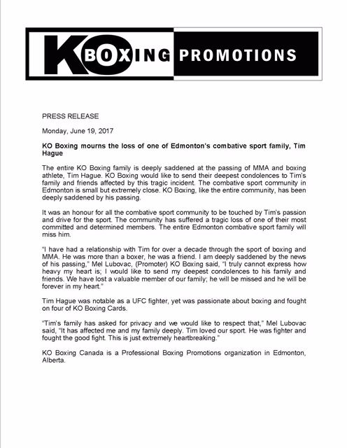 Statement from KO Boxing Promotions regarding Tim Hague's death.