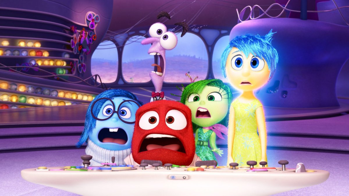 "Inside Out,", from left: Sadness (voice: Phyllis Smith), Anger (voice: Lewis Black), Fear (top, voice: Bill Hader), Disgust (voice: Mindy Kaling), Joy (voice: Amy Poehler), 2015.