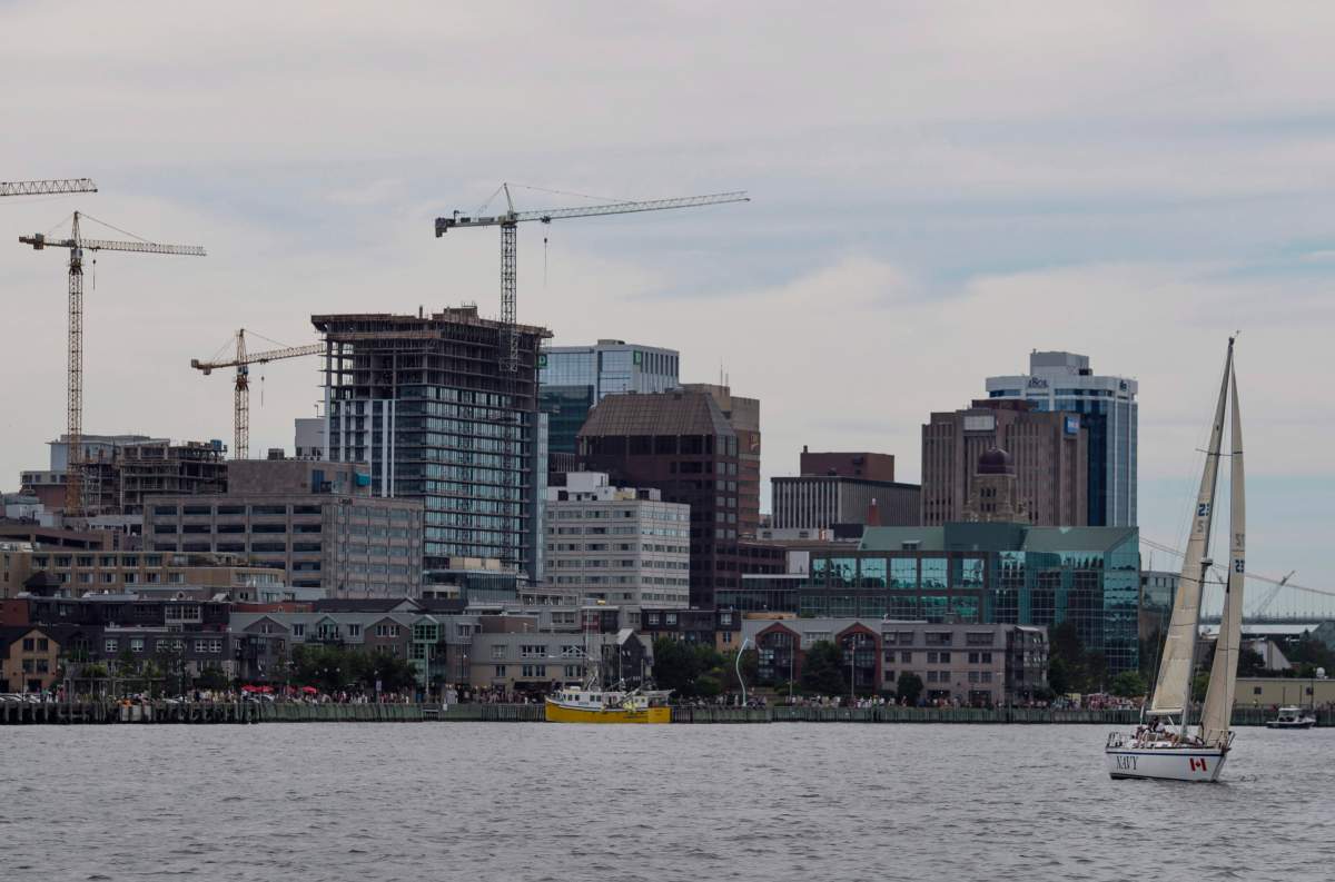 A sailboat is seen in front of the Halifax skyline on Sunday, July 31, 2016. THE CANADIAN PRESS/Darren Calabrese