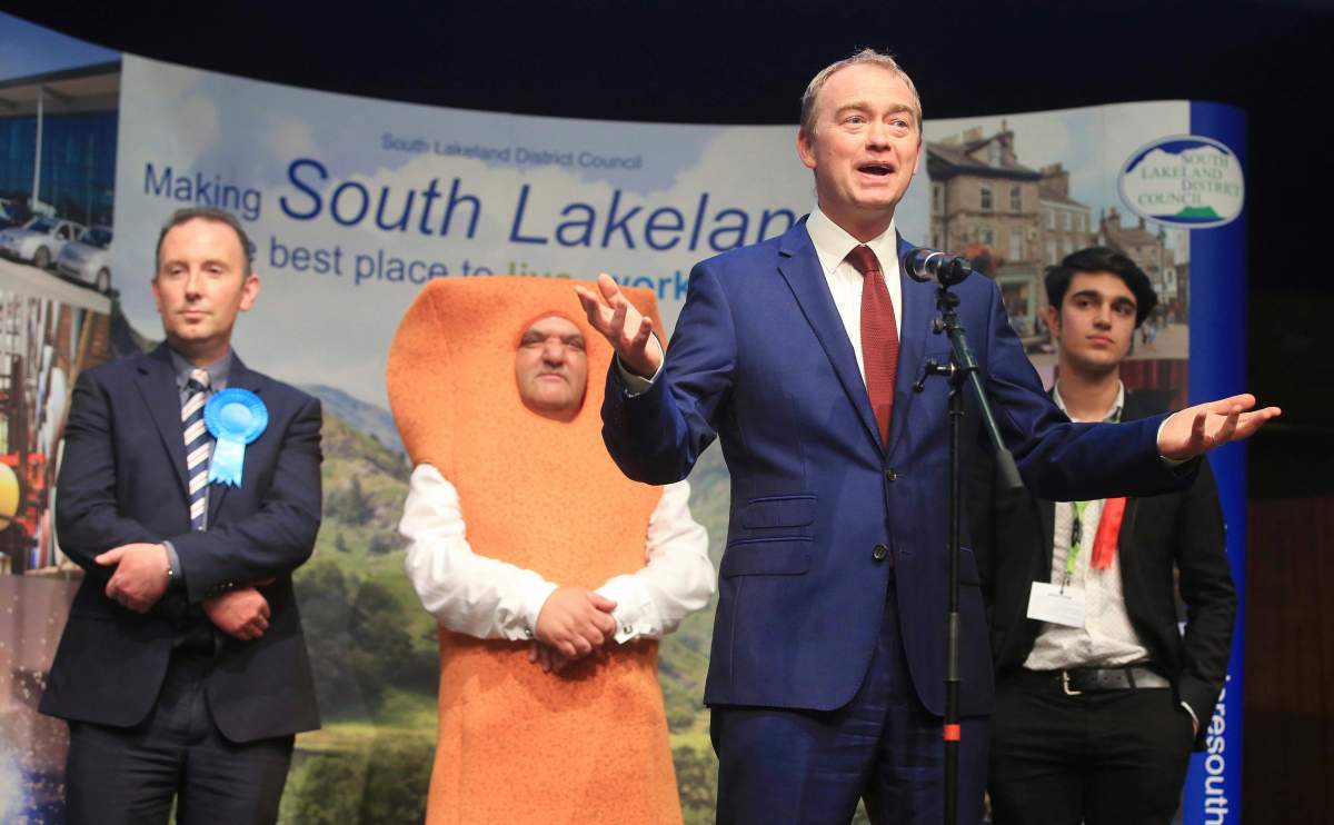 Liberal Democrats leader Tim Farron speaks at Kendal Leisure Centre in Cumbria, England after he held his seat in the constituency of Westmorland and Lonsdale in the general election, Friday June 9, 2017.