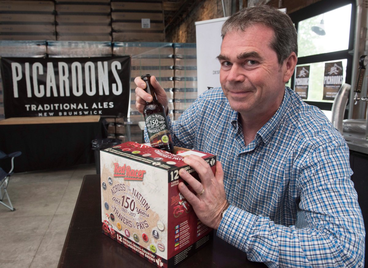 Sean Dunbar, owner of Picaroons Craft Beer, shows the beer his brewery contributed to a Canada 150 case of beer which is made up of craft beer from across the country, in Fredericton, N.B., on Friday, June 16, 2017. 