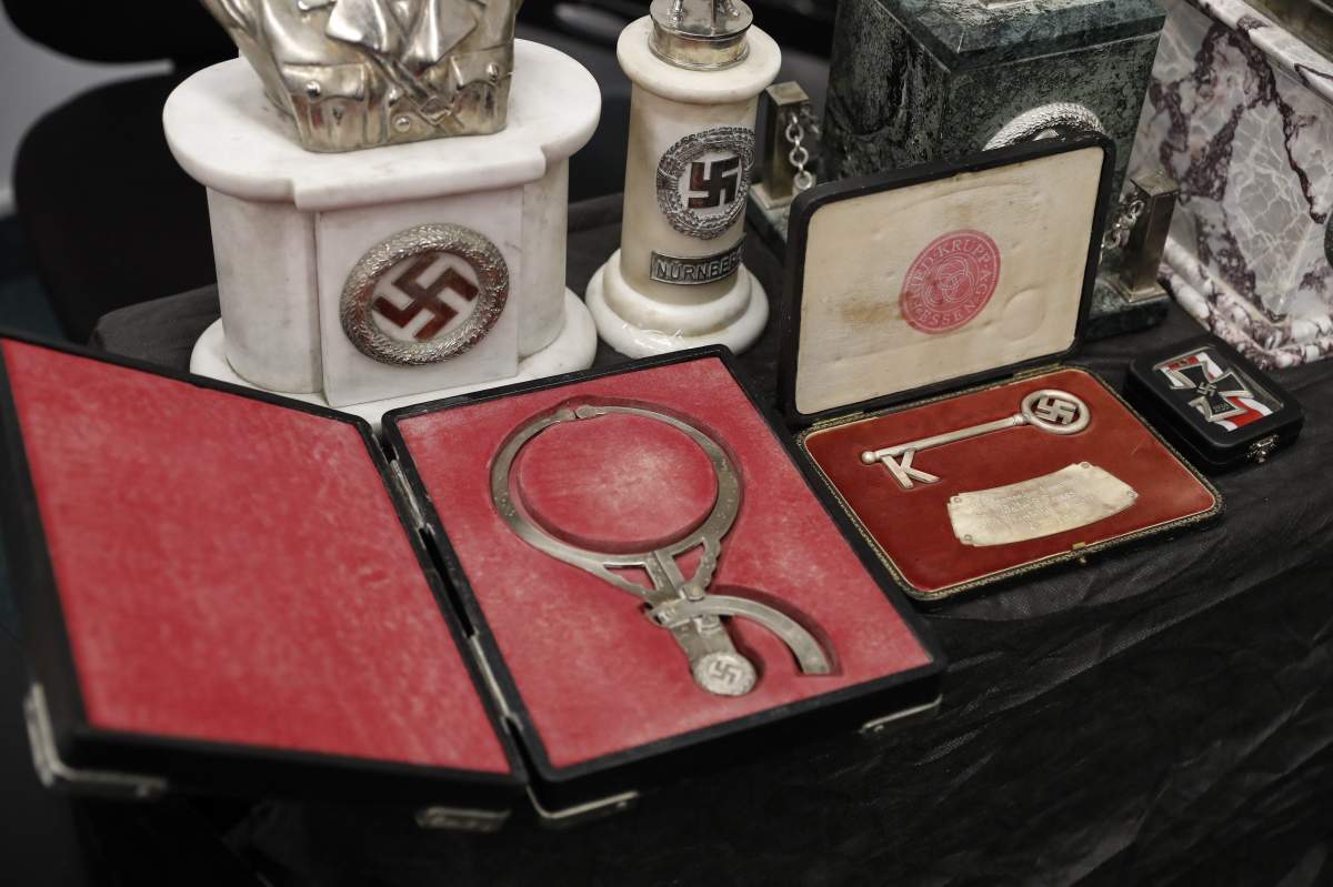 Detail of artifacts bearing Nazi symbols that were recovered by the Argentine Federal Police (PFA), displayed during an event at the headquarters of the Delegation of Argentinean Israeli Associations (DAIA) in Buenos Aires, Argentina, on June 19, 2017.