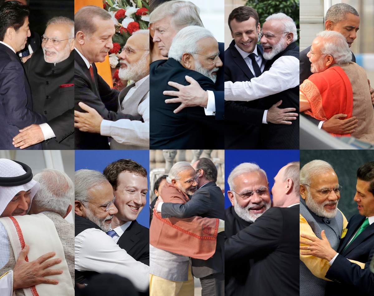 In this combo photo, Indian Prime Minister Narendra Modi is seen hugging various heads of state and VIPs. U.S. President Donald Trump should have been ready for a bear hug from Narendra Modi this week in Washington. The folksy embrace has become a signature move for the Indian prime minister in greeting global leaders and celebrities alike.
