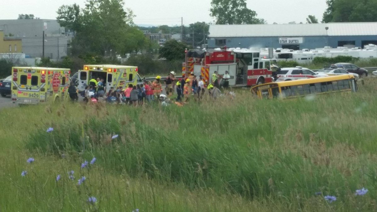 Quebec provincial police are investing a crash involving a school bus of young campers and a transport truck in Boisbriand, Thursday, June 29, 2017.