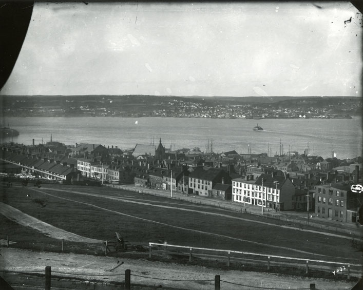View of Halifax, Nova Scotia, from the Citadel looking North Northeast to Dartmouth with Brunswick Street, foreground and centering on the Trinity Episcopalian Church, Poplar Grove. Circa 1892-1893. (Novia Scotia acrchives)