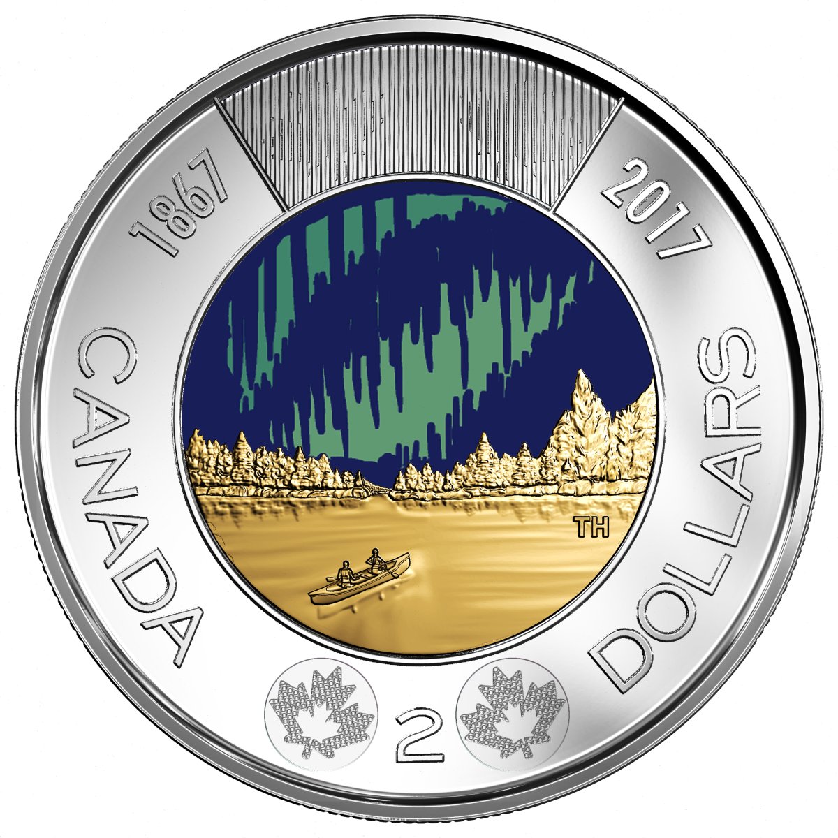 Design for the glow-in-the-dark Canada 150 commemorative Twoonie .