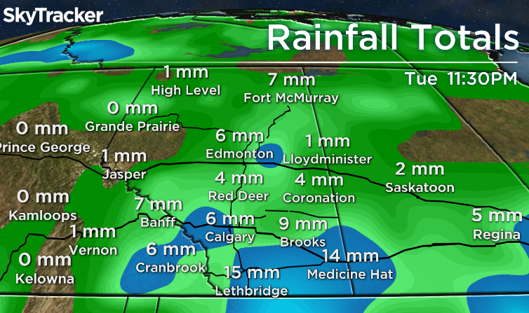 Expected rainfall total amounts in southern Alberta by 11:30pm Tuesday, June 12, 2017