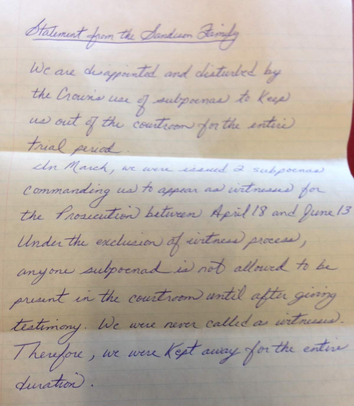 A written statement provided by Laurie Sandeson, the mother of William Sandeson, to Global News on June 13, 2017