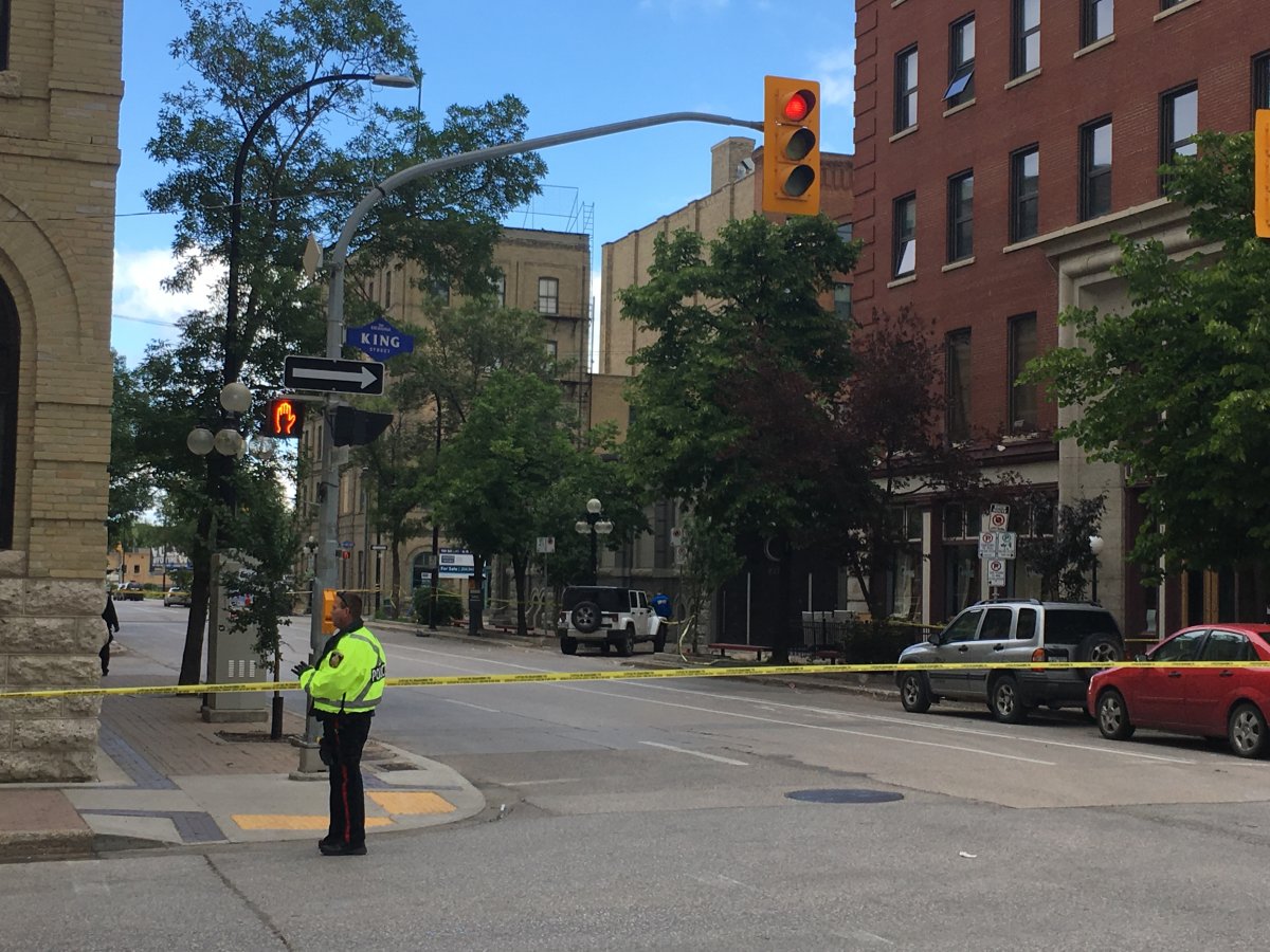 Winnipeg police at the scene of a crime in 2017. Officers say they've arrested one man for waiving a replica handgun outside a club early Saturday morning.