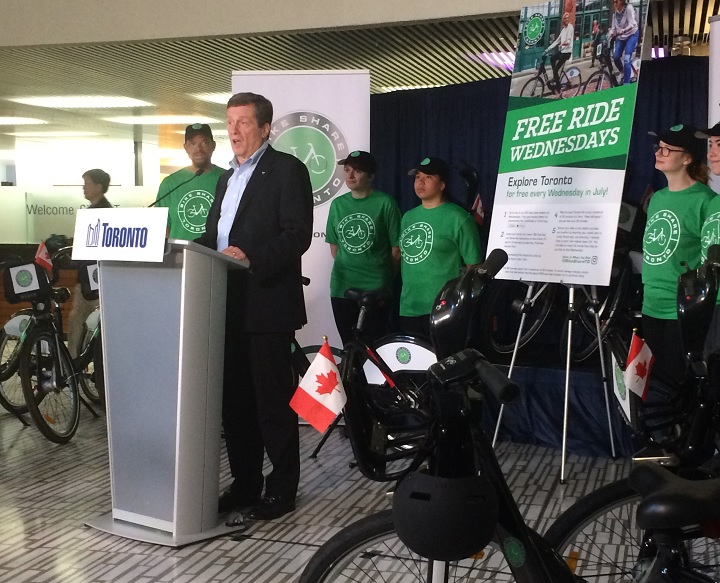 Mayor John Tory announces free ride Wednesdays for Bike Share Toronto users on June 23, 2017.
