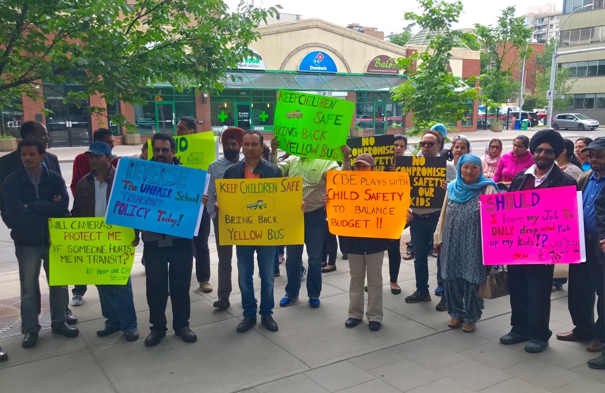 On June 13, a group of parents protested the Calgary Board of Education's decision to remove dedicated busing for students attending alternative school programs.