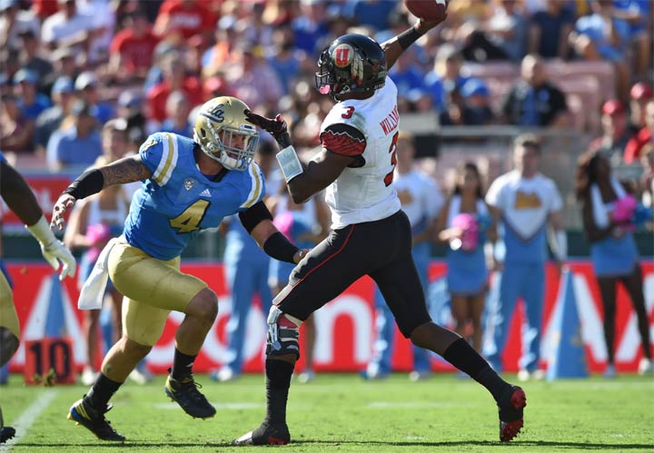 Utah (3) Troy Williams (QB) throws under pressure by UCLA (4) Cameron Judge (LB) during an NCAA football game between the Utah Utes and the UCLA Bruins on October 22, 2016, at the Rose Bowl in Pasadena, CA.