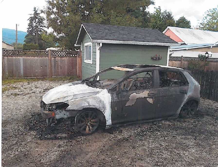 Car destroyed in suspected arson at a Lumby residence. 