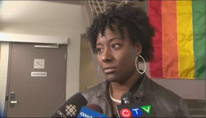 Charline Grant speaks with the media after receiving an apology from the York Region District School Board Tuesday evening.