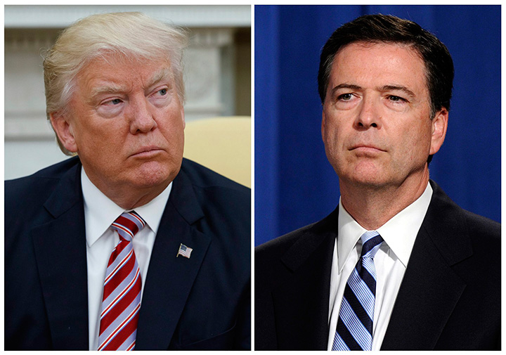 This combination of file photos show U.S. President Donald Trump and former FBI Director James Comey in Washington.  