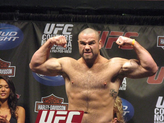 Edmonton heavyweight Tim Hague poses at a weigh-in Portland, Ore. on Friday Aug. 28, 2009. 
