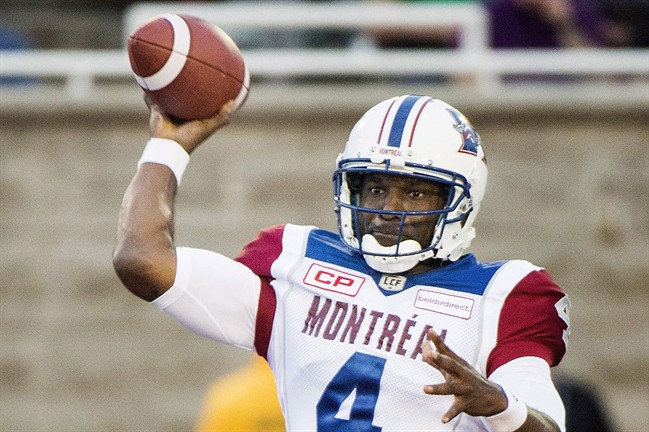 Quarterback Darian Durant throws a pass during a CFL pre-season game between the Montreal Alouettes and the Ottawa Redblacks in Montreal on June 15, 2017.