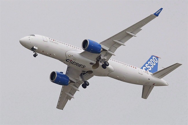The Bombardier CS 300 performs its demonstration flight during the Paris Air Show, at Le Bourget airport, north of Paris, Monday, June 15, 2015.