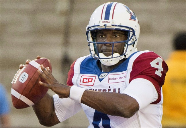 Montreal Alouettes quarterback Darian Durant throws a pass during first half CFL pre-season football action against the Ottawa Redblacks in Montreal, Thursday, June 15, 2017. Durant hasn't had to wait long for his first game against the Saskatchewan Roughriders.The veteran quarterback, who spent the first 11 seasons of his career in Regina, will play his first game for the Montreal Alouettes against the Roughriders on Thursday night at Percival Molson Stadium.