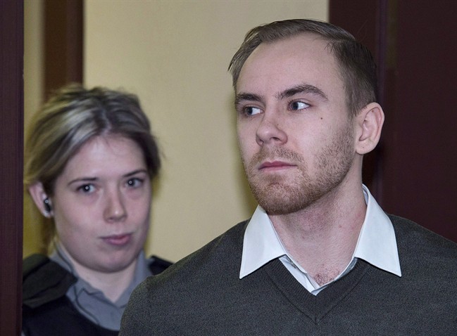William Sandeson is escorted by a sheriff as he arrives at provincial court .