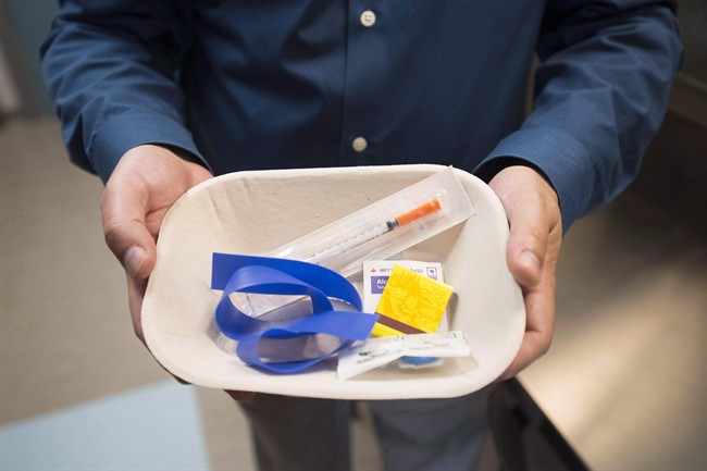 A injection kit is seen inside the Fraser Health supervised consumption site in Surrey, B.C. 