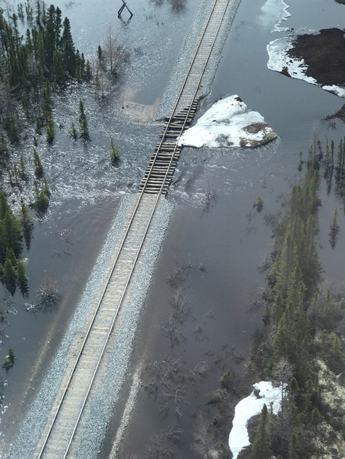The flooded rail line in Churchill.