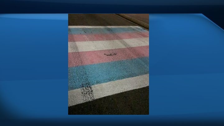 Tire marks are visible on the Transgender flag crosswalk in downtown Lethbridge.