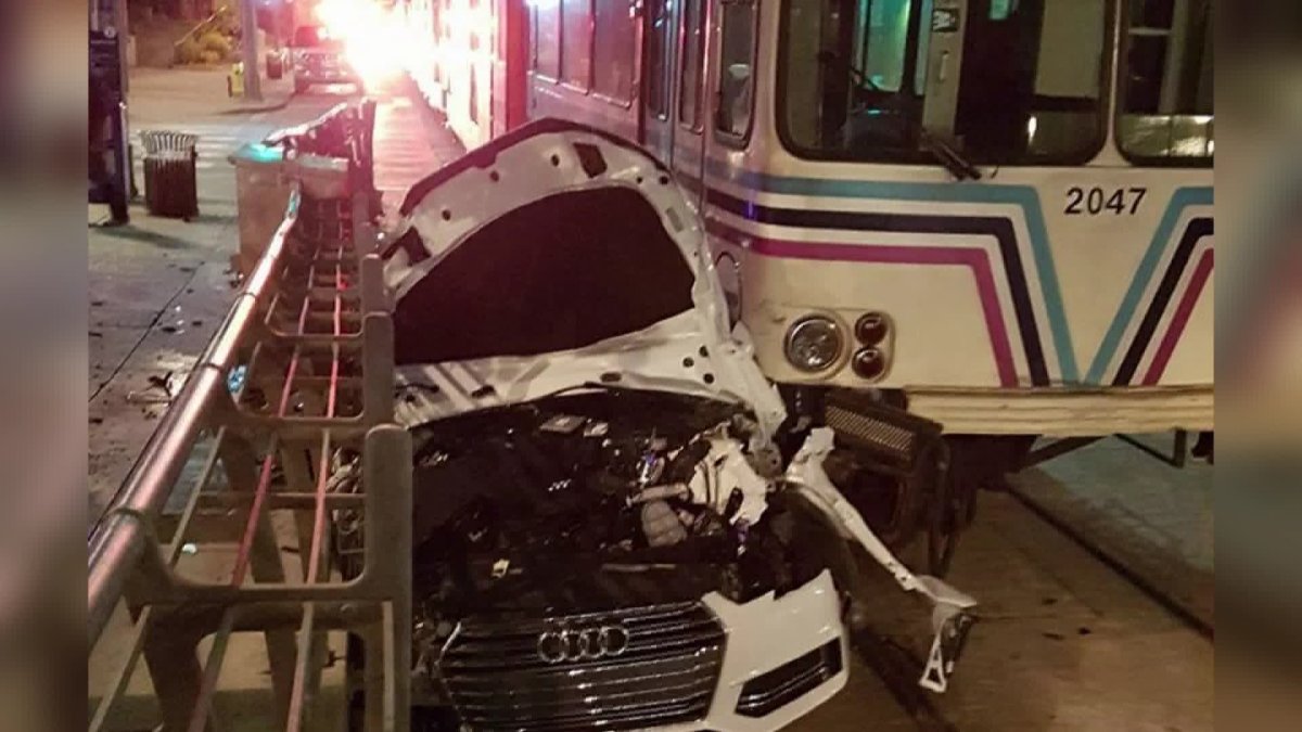 A car after it crashed into a CTrain at City Hall station Sunday morning. 