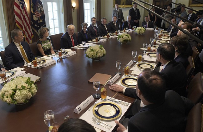 President Donald Trump speaks before having lunch with Republican Senators and White House staffers in the Cabinet Room of the White House in Washington, Tuesday, June 13, 2017.