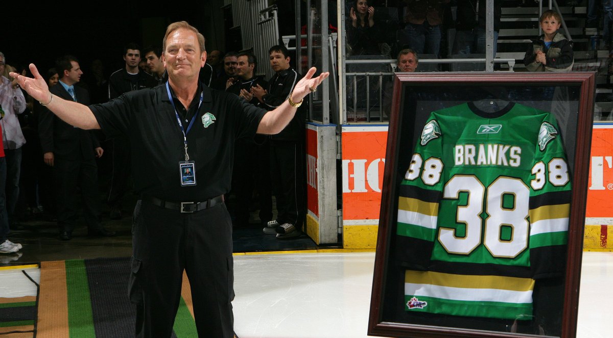 LONDON, ON - MARCH 14, 2008: London Knight's trainer Don Brankley acknowledges the fans on his appreciation night. It is the final regular season home game of his 39 year career against the Erie Otters on March 14, 2008 in London, Ont.(Photo by Claus Andersen/Getty Images).