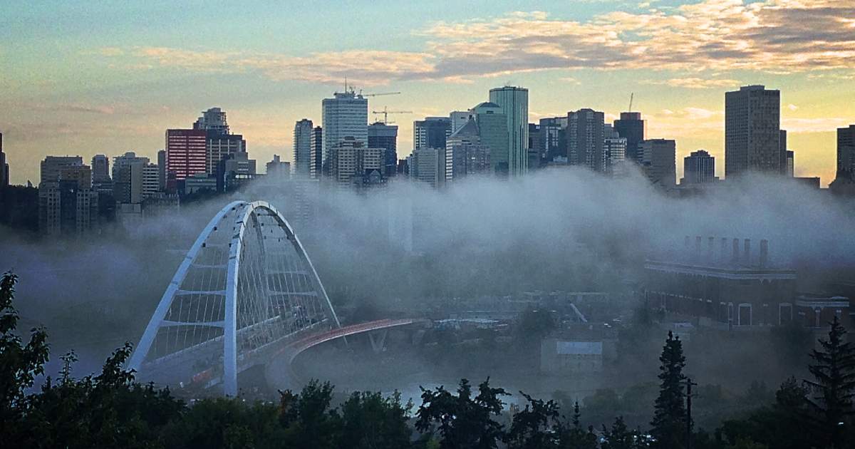 The downtown Edmonton skyline and the Walterdale Bridge in the North Saskatchewan River Valley on June 29, 2017. 