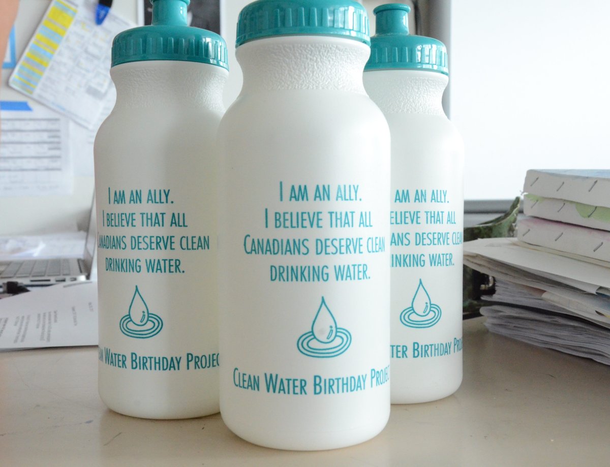 Grade 7 students at Ian Bazalgette Junior High School are selling these water bottles as part of their Clean Water Birthday Project.