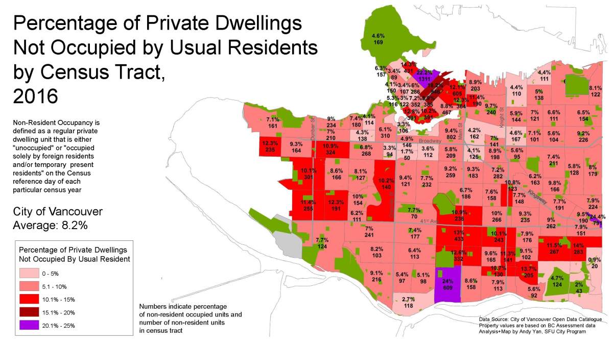 This map shows Census tracts with empty homes throughout Vancouver.