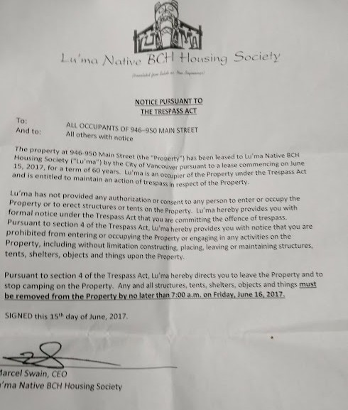 The trespass notice that housing activists say campers at the “Ten-year tent city” have been served.