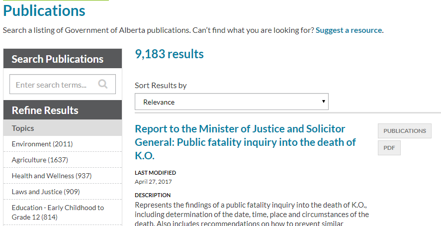 The Alberta government unveiled an online tool for tracking fatality inquiries on June 29, 2017. 