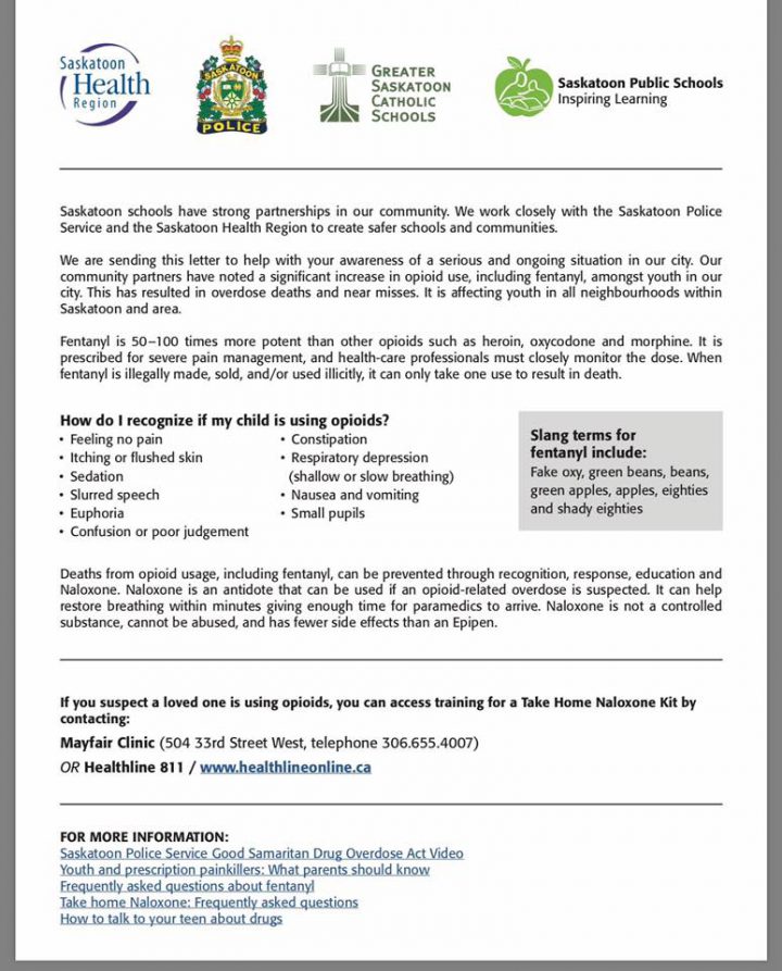 Saskatoon school divisions issue fentanyl warning to parents - image