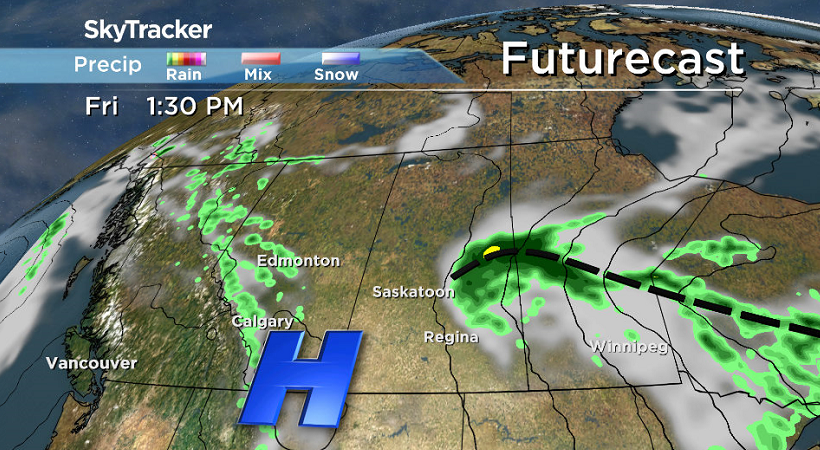 A surface trough and upper low will bring a chance of showers to eastern Saskatchewan and build in some clouds to Saskatoon during the day Friday.