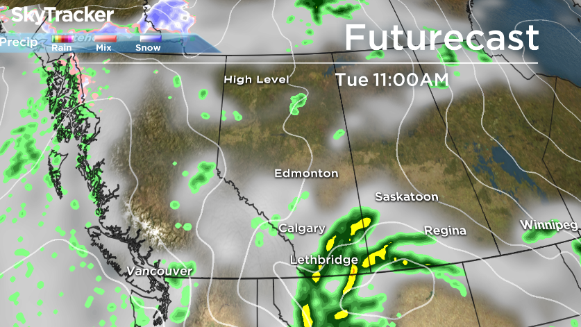 Stormy weather will begin over the Lethbridge and Medicine Hat areas Tuesday morning before making its way toward Calgary