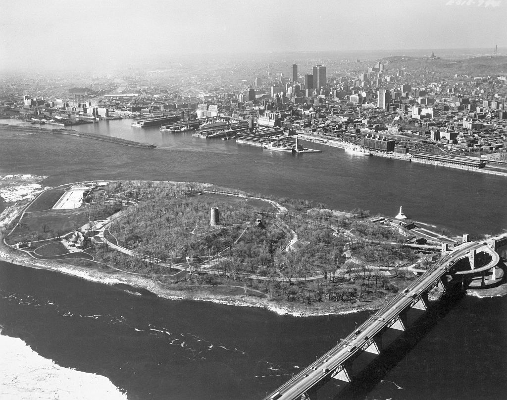 Montreal, Canada: Aerial showing St. Helene’s Island and the Jacques Cartier Bridge. The skyline of Montreal is seen in the background (Photo: Getty Images)