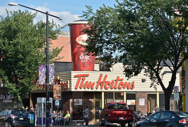A general view of a Tim Hortons logo seen in Edmonton's Whyte Avenue.