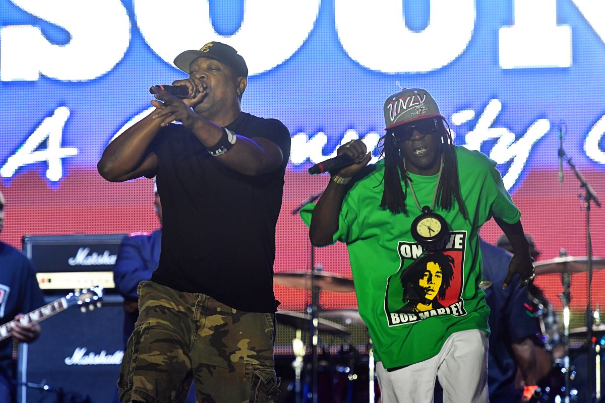 Chuck D (left) and  Flavor Flav performing on stage in Washington, DC on September  24, 2016. 