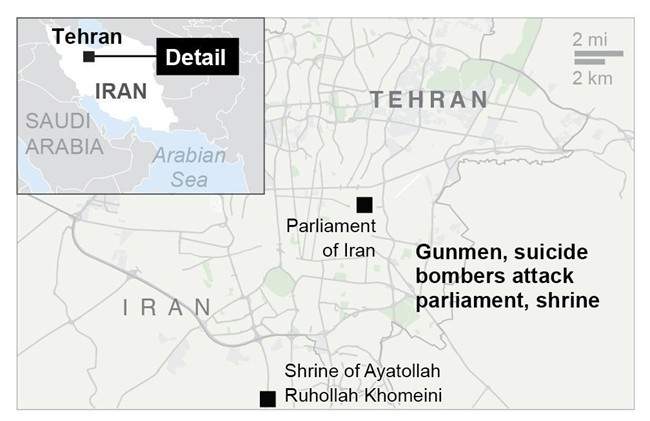 Map locates Parliament of Iran and Shrine of Ayatollah Ruhollah Khomeini, Iran; 2c x 2 inches; 96.3 mm x 50 mm;