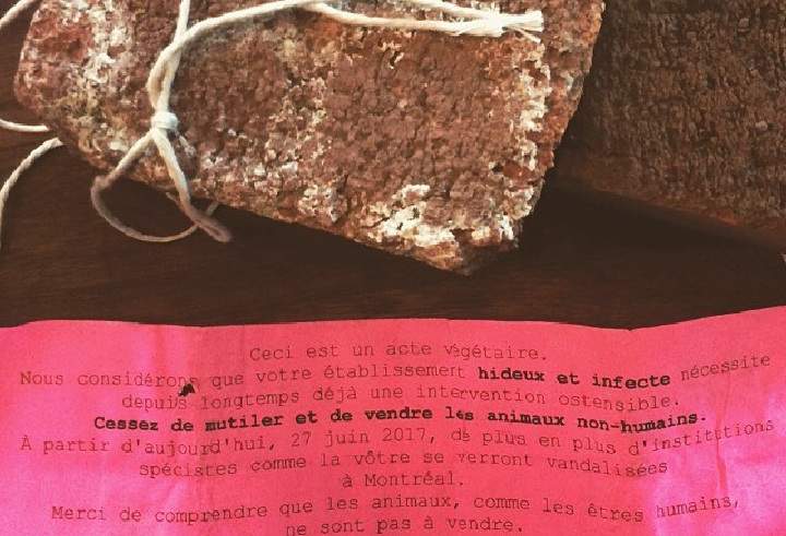 A photo of a brick and note left at Boucherie Grinder, Wednesday, June 28, 2017.