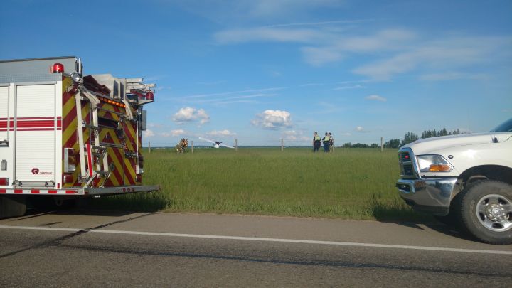 A northbound lane of Highway 2 near Ponoka, Alta. was closed shortly before 7 p.m. Thursday evening after an "ultra-light aircraft" crashed near the highway, according to the RCMP.
