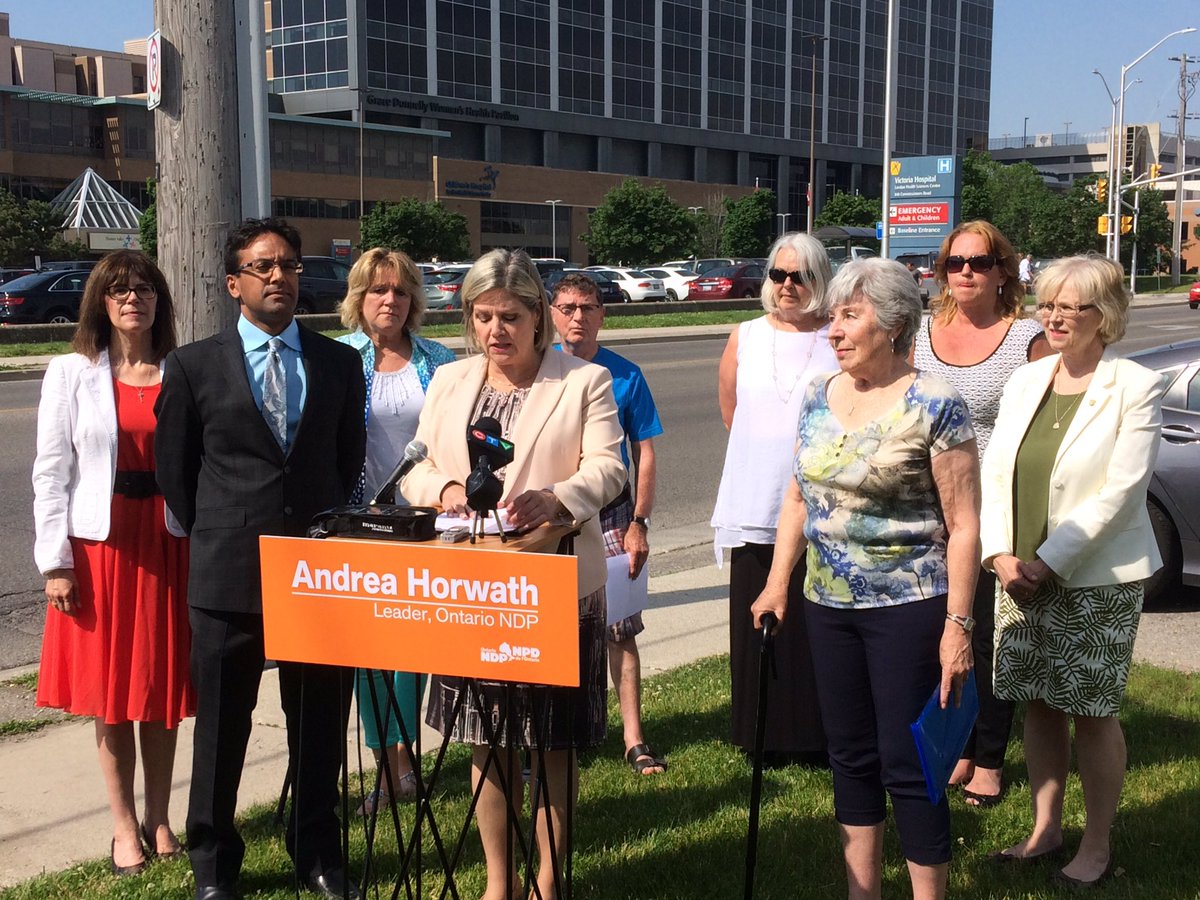 NDP Leader Andrea Horwath focused on health care wait times at a stop in London on Monday, June 12, 2017.