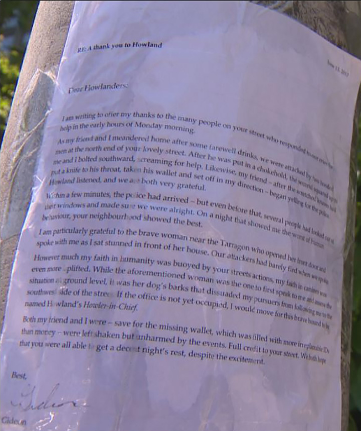 A copy of Gideon Scanlon\'s letter posted on Howland Avenue.