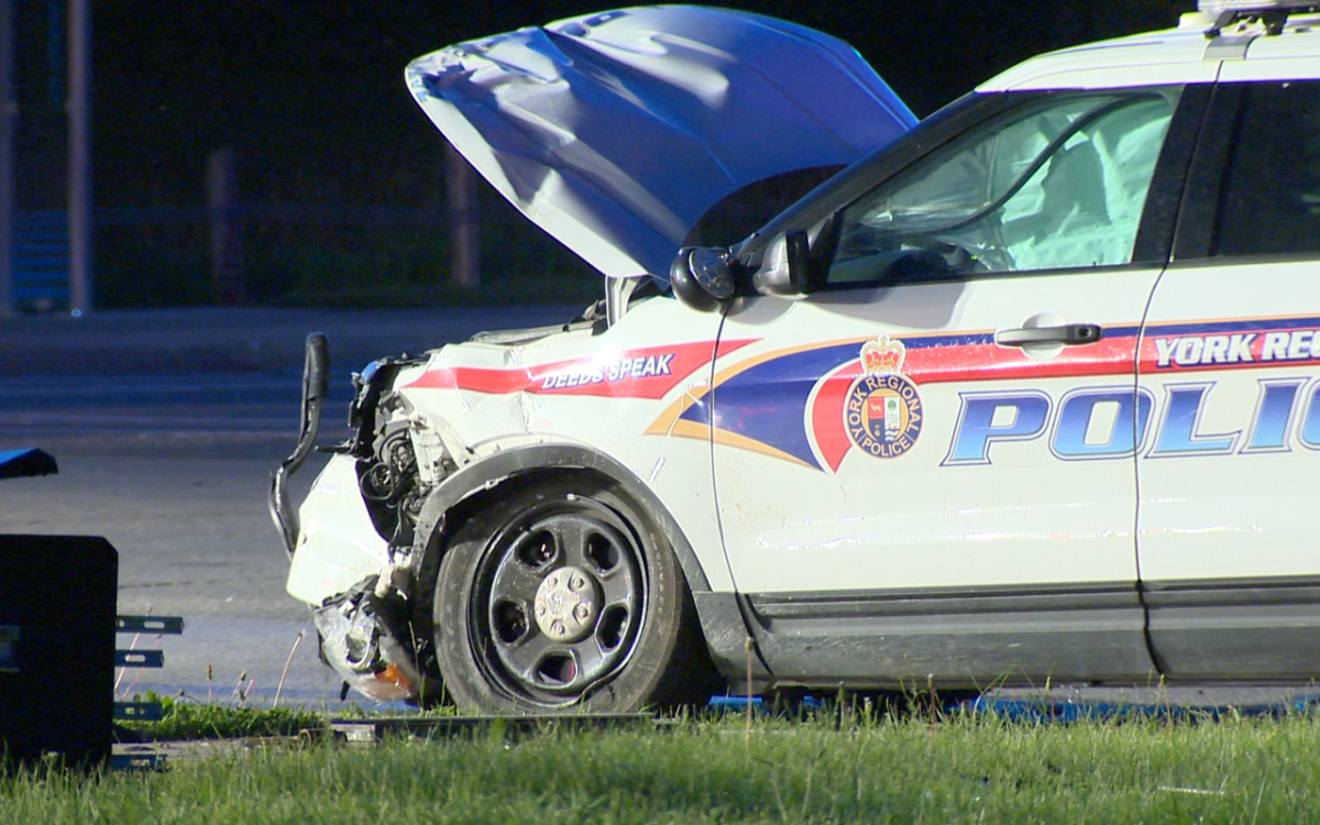 A York Regional Police cruiser is damaged in a crash with a pick-up truck in Vaughan on June 19, 2017.