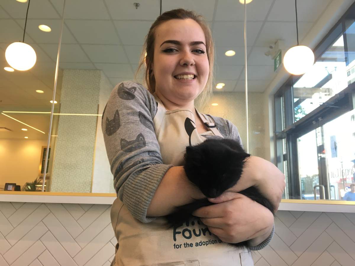 Ivy McKinley-Campos poses with Noir, a kitten she is adopting from Calgary’s Meow Foundation.
