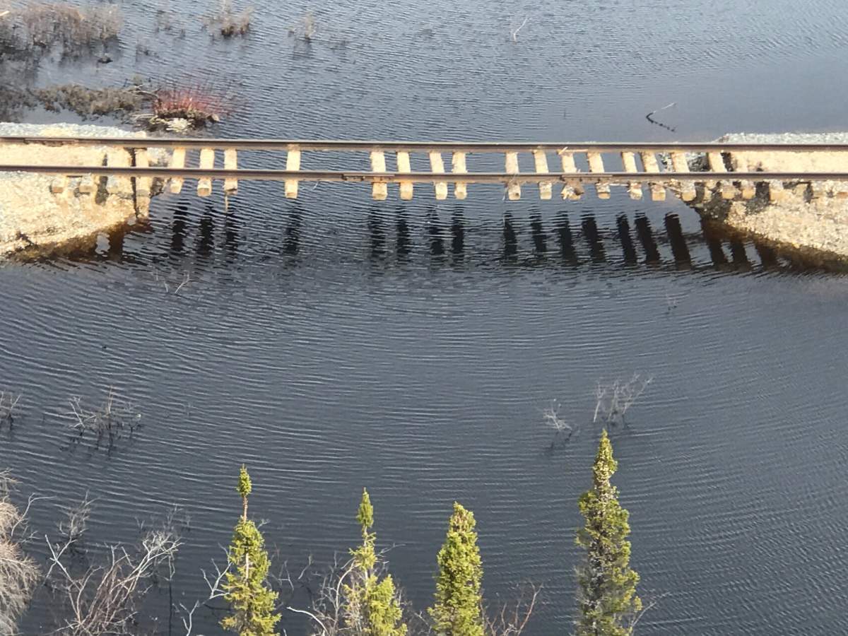 Serious damage done to rail line after serious flooding in northern Manitoba. 