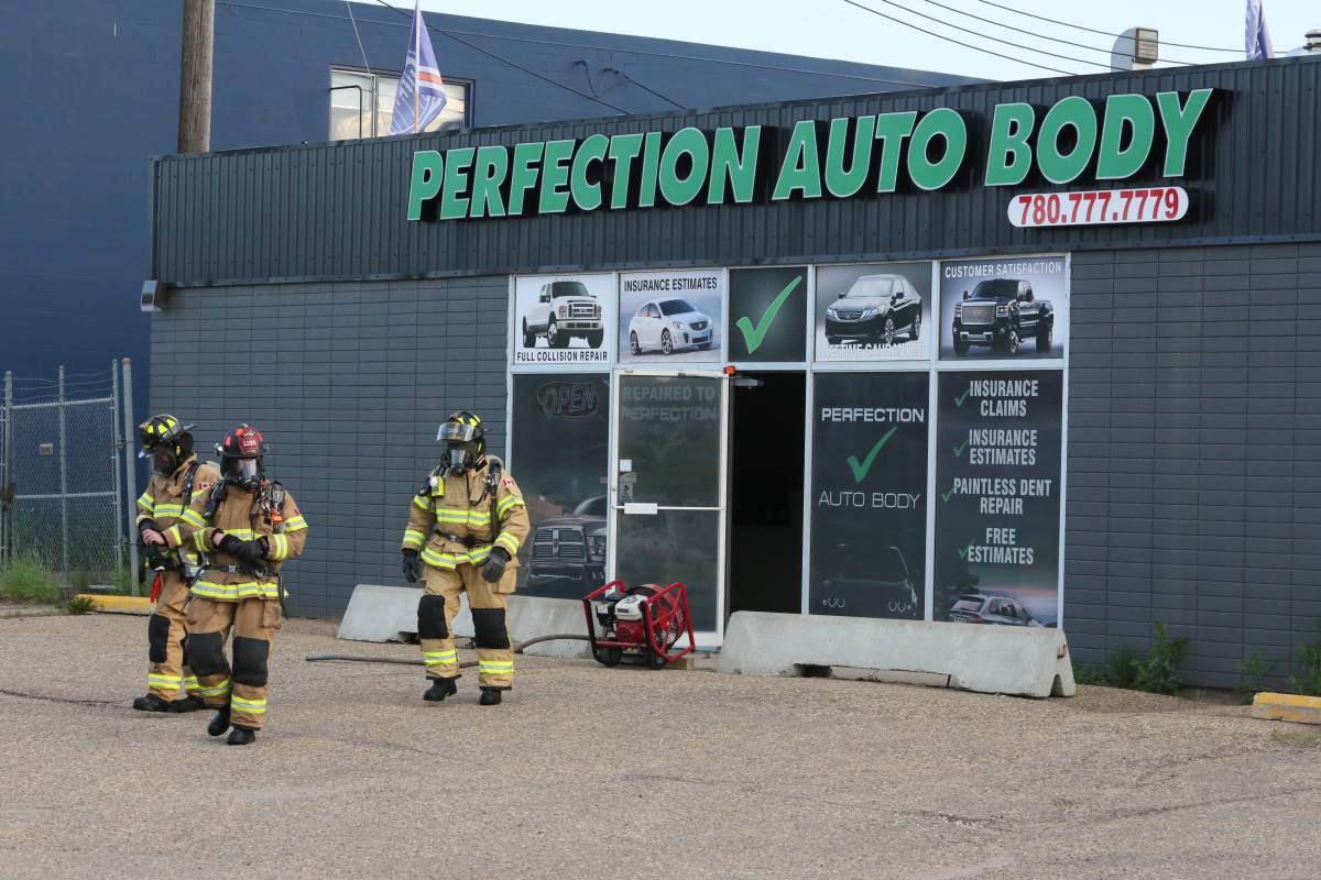 Edmonton Fire Rescue crews responded to a fire at Perfection Auto Body at 15802 – 111 Ave. in west Edmonton Thursday morning. June 8, 2017.